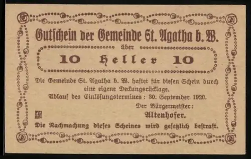 Notgeld St. Agatha b. M. 1920, 10 Heller, Ortsansicht und dekorativer Rahmen