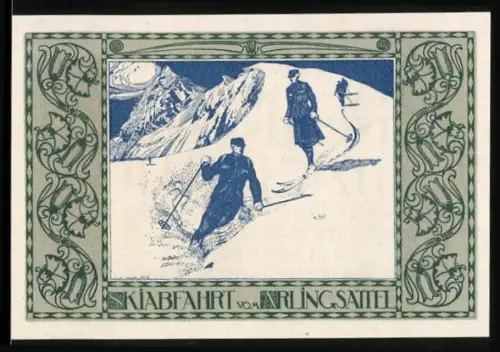 Notgeld Spital am Pyhrn 1920, 80 Heller, Skifahrer am Arlingsattel und dekorative Ornamente