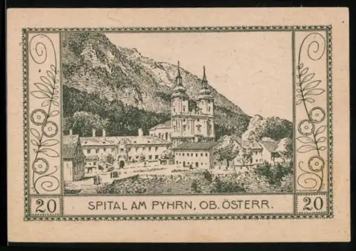 Notgeld Spital am Pyhrn 1920, 20 Heller, Klosterlandschaft mit Bergen im Hintergrund