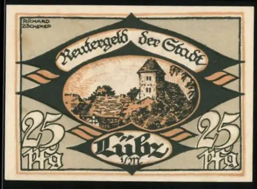 Notgeld Lübz i. M. 1922, 25 Pfennig, Burg und Arbeiter mit Werkzeugen