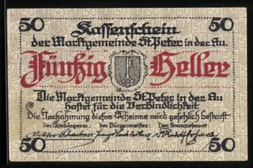 Notgeld St. Peter i. d. Au 1921, 50 Heller, Gebäudeansicht und Wappen