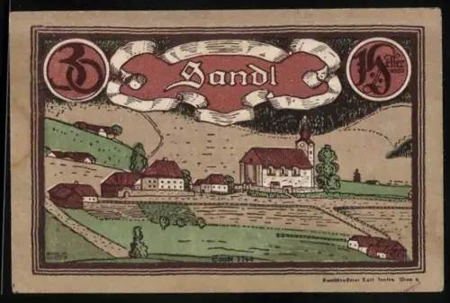 Notgeld Sandl 1920, 30 Heller, Ortsansicht mit Kirche und Landschaft