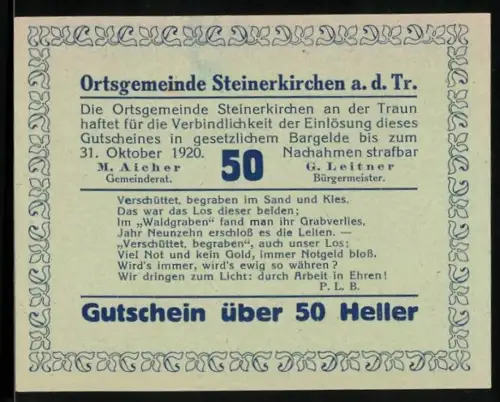 Notgeld Steinerkirchen a. d. Tr. 1920, 50 Heller, Römerfund mit Köpfen eines Mannes und einer Frau