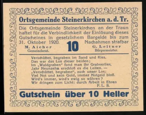Notgeld Steinerkirchen a. d. Tr. 1920, 10 Heller, Römerfund-Motiv mit Gesichtern und Gedichtumrandung