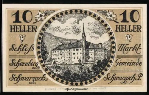 Notgeld Schwarzach i. P., 10 Heller, Schloss Schernberg und Dorflandschaft mit Fluss