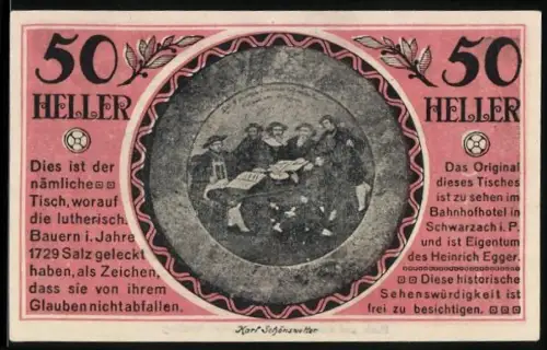 Notgeld Schwarzach i. P. 1920, 50 Heller, Tisch mit lutherischen Bauern, Landschaftsansicht