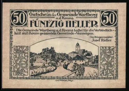 Notgeld Wartberg a.d. Krems 1921, 50 Heller, Ortsansicht und Pflügende Bauern mit Pferden