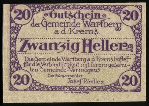 Notgeld Wartberg a.d. Krems 1921, 20 Heller, Kirche mit floralem Muster