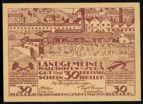 Notgeld Waidhofen a. d. Ybbs 1920, 30 Heller, Ortsansicht mit Fluss und Häusern