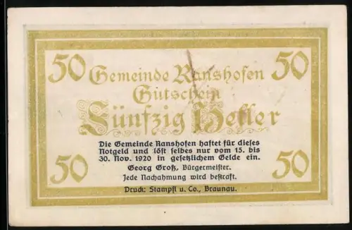 Notgeld Ranshofen 1920, 50 Heller, Landschaft mit Kirche und Gebäuden