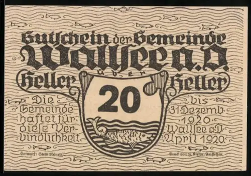 Notgeld Wallsee a. D. 1920, 20 Heller, Burgansicht und Fischmotiv im Wellenmuster