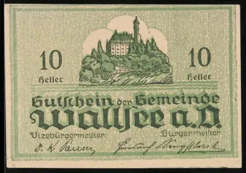 Notgeld Wallsee a. D. 1920, 10 Heller, Schloss und Wappen mit Fischmotiv