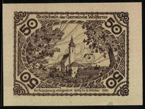 Notgeld Wolfern 1920, 50 Heller, Landschaft mit Kirche und Ortsansicht