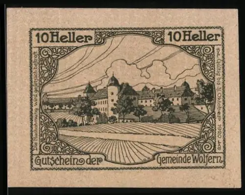 Notgeld Wolfern /O.-Ö., 10 Heller, Schloss und Landschaftsmotiv
