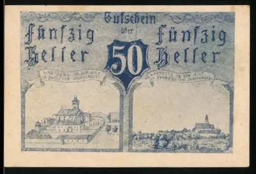 Notgeld Wartberg ob der Aist 1920, 50 Heller, Ansichten des Schlosses und der Kirche im Hintergrund