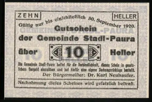 Notgeld Stadl-Paura 1920, 10 Heller, Gutschein der Gemeinde mit Verfallsdatum 30. September 1920
