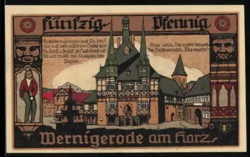 Notgeld Wernigerode am Harz 1920, 50 Pfennig, Rathaus und Stadtwappen, historische Gebäude und Figuren
