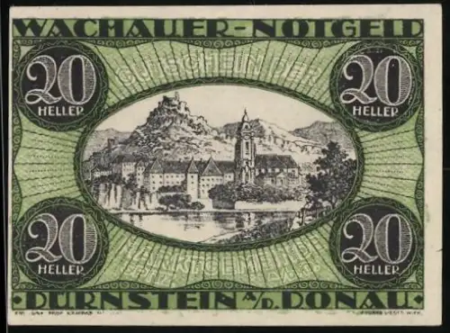 Notgeld Dürnstein a.d. Donau 1920, 20 Heller, Ortsansicht mit Burg und Flussufer