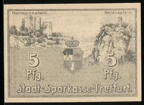Notgeld Treffurt 1920, 5 Pfennig, Burgen Normannstein und Heldrastein mit Wappen