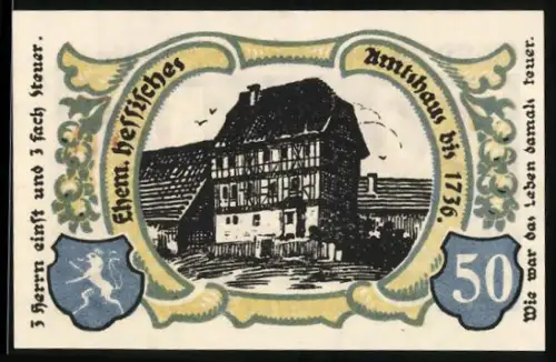 Notgeld Treffurt a. d. Werra 1921, 50 Pfennig, Fachwerkhaus mit Wappen und Spruchband