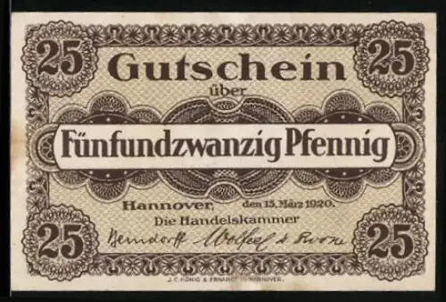 Notgeld Hannover 1920, 25 Pfennig, Textgestaltung mit floralen Mustern