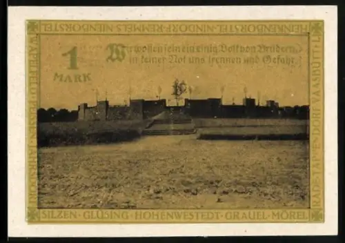 Notgeld Hohenwestedt 1921, 1 Mark, Ehrenmal-Einweihung und Landschaftsmotiv