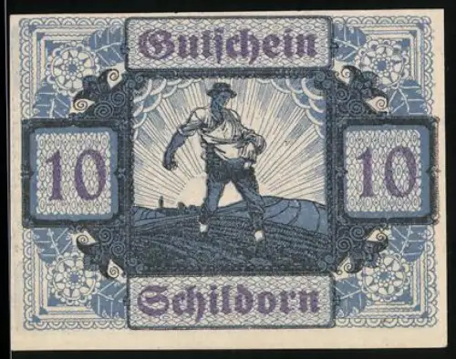 Notgeld Schildorn, 10 Heller, Bauer bei Sonnenaufgang und landwirtschaftliche Werkzeuge
