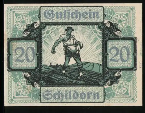 Notgeld Schildorn 1920, 20 Heller, Bauer bei der Aussaat und landwirtschaftliche Werkzeuge