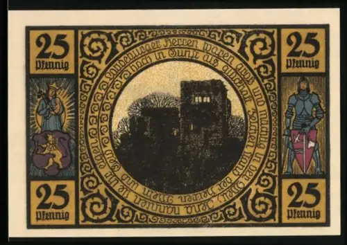 Notgeld Lobeda 1921, 25 Pfennig, Burgruine und Kirche mit Bäumen und Rittern