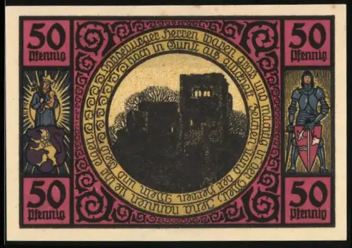 Notgeld Lobeda 1921, 50 Pfennig, Burgruine und Brücke über die Saale mit Flusskrebs und Fisch