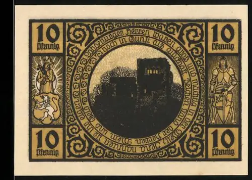 Notgeld Lobeda 1921, 10 Pfennig, Ruine mit Rittern und Wappen, Szene aus dem Alltag