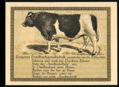 Notgeld Lenzen /Elbe, 50 Pfennig, schwarz-weisser Bulle und Wappen mit Türmen und Adler