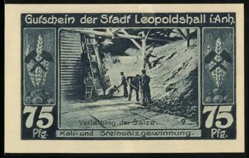 Notgeld Leopoldshall i. Anh. 1921, 75 Pfennig, Salzverladung und Bergbau-Symbole mit Wappen