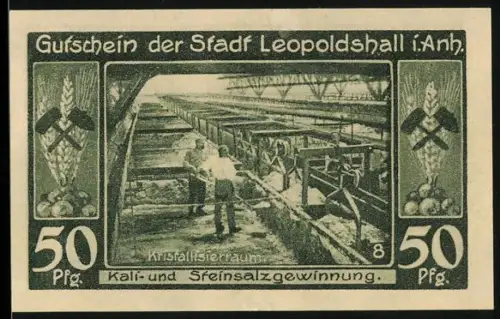 Notgeld Leopoldshall i. Anh. 1921, 50 Pfennig, Kali- und Steinsalzgewinnung, Bergbau-Symbole, Chemie- und Industrie