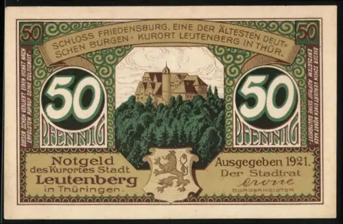 Notgeld Leutenberg in Thüringen 1921, 50 Pfennig, Schloss Friedensburg und traditionelle Speisen