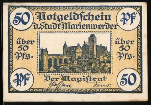 Notgeld Marienwerder, 50 Pfennig, Burgenansicht und Inschrift um Gültigkeit