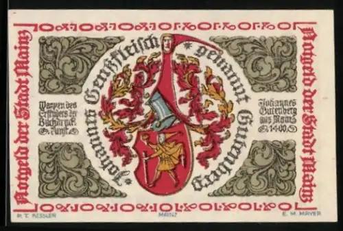 Notgeld Mainz 1921, 10 Pfennig, Wappen mit Buchdruckermotiv und Inschrift Johannes Gutenberg