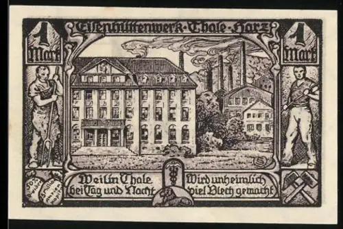 Notgeld Thale /Harz 1921, 100 Pfennig, Gebäude und Fabrik mit Wappen und Bergarbeiterfiguren