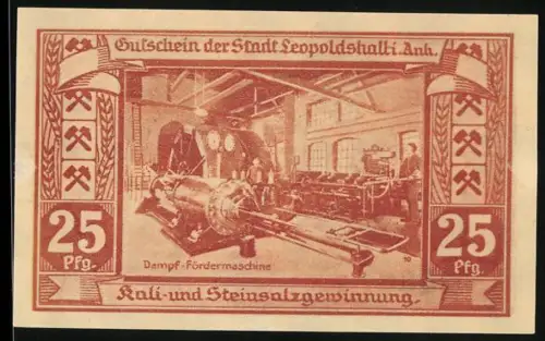 Notgeld Leopoldshall i. Anh. 1921, 25 Pfennig, Dampffördermaschine, Kali- und Steinsalzgewinnung, Wappen