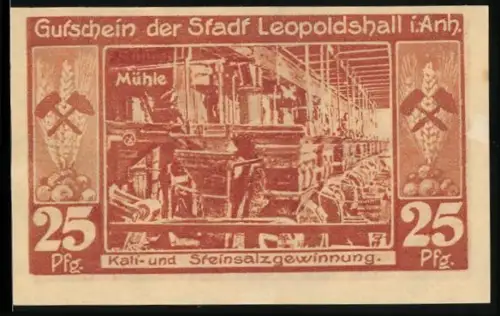 Notgeld Leopoldshall i. Anh. 1921, 25 Pfennig, Kali- und Steinsalzgewinnung, Mühle und chemische Symbole
