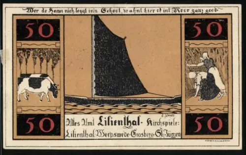 Notgeld Lilienthal i. H. 1921, 50 Pf., Segelboot und landwirtschaftliche Szenen, Kloster Lilienthal und Kirche
