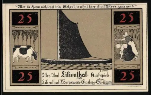 Notgeld Lilienthal 1921, 25 Pfennig, Segelboot, Kuh und Bäuerin, Kirche