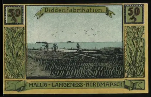 Notgeld Langeness 1921, 50 Pf., Diddenfabrikation und lokaler Spruch über Kuhdünger