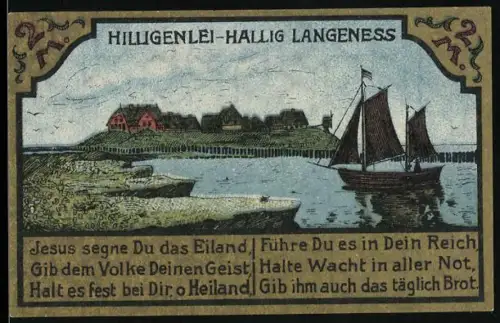 Notgeld Langeness 1921, 2 Mark, Landschaft mit Segelboot und Karte der Hallig