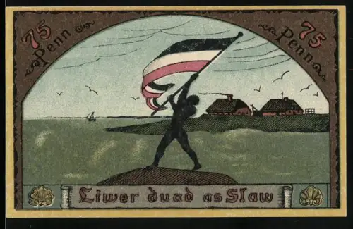 Notgeld Langeness 1921, 75 Pf, Silhouette mit Flagge und Wappen mit deutschem Text