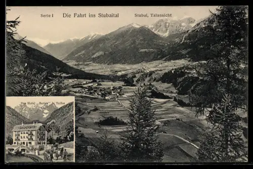 AK Telfes, Stubai, Talansicht, Fahrt ins Stubaital mit Hotel Serlesblick und Gletscherpanorama