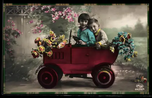 AK Glückwunsch zum Namenstage, Kinder in Tretauto