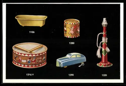 AK Blechspielzeug, Trommel, Aufziehauto, Tröte, Spardose