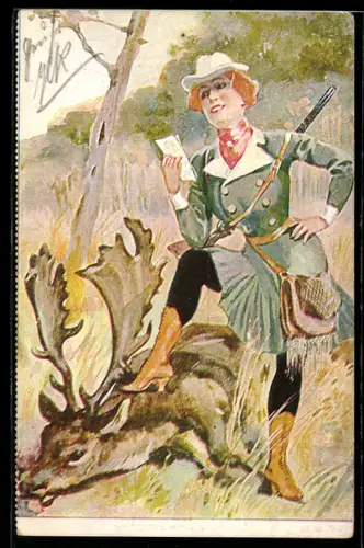 AK Jägerin posiert auf dem erlegten Hirsch