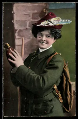 AK Jägerin mit Hut und Monokel